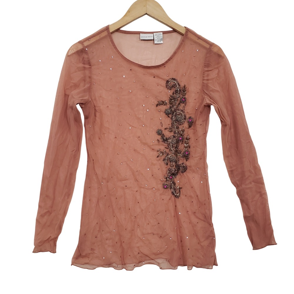 Vintage Sheer Mesh Top Women 4 Pink Beaded Sequined Long Sleeve Y2K Blouse Fairy